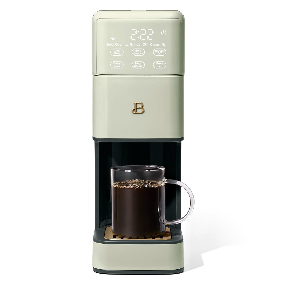 Beautiful Perfect Grind™ Sage Green Programmable Single Serve Coffee Maker by Drew Barrymore, with a sleek modern design.