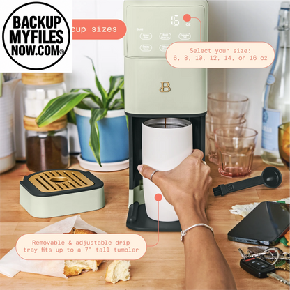 Beautiful Perfect Grind™ Programmable Single Serve Coffee Maker in Sage Green by Drew Barrymore, with sleek design and digital controls.