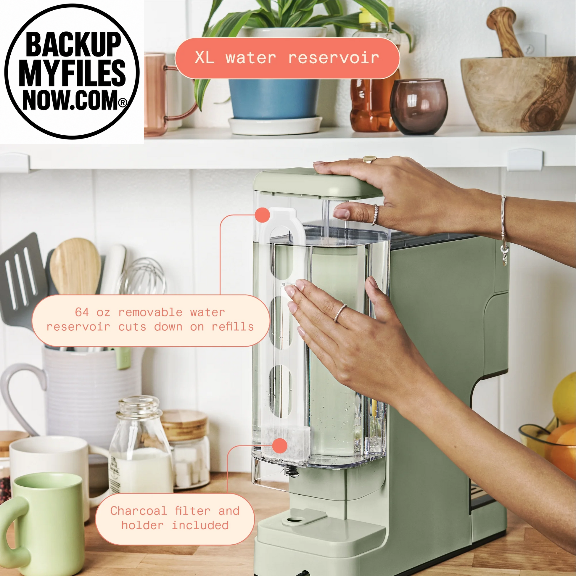 Beautiful Perfect Grind™ Sage Green single serve coffee maker by Drew Barrymore, with programmable features and modern design.