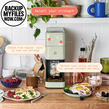 Beautiful Perfect Grind™ Programmable Single Serve Coffee Maker in sage green by Drew Barrymore, with sleek design and digital controls.