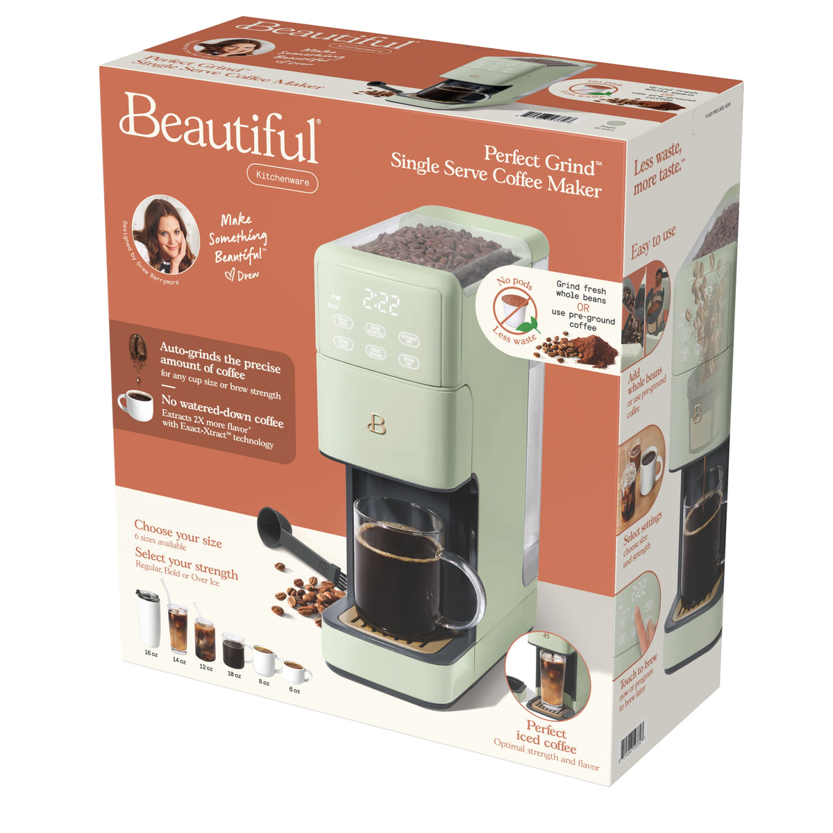 Beautiful Perfect Grind™ Sage Green programmable single serve coffee maker by Drew Barrymore, with sleek design and digital controls.