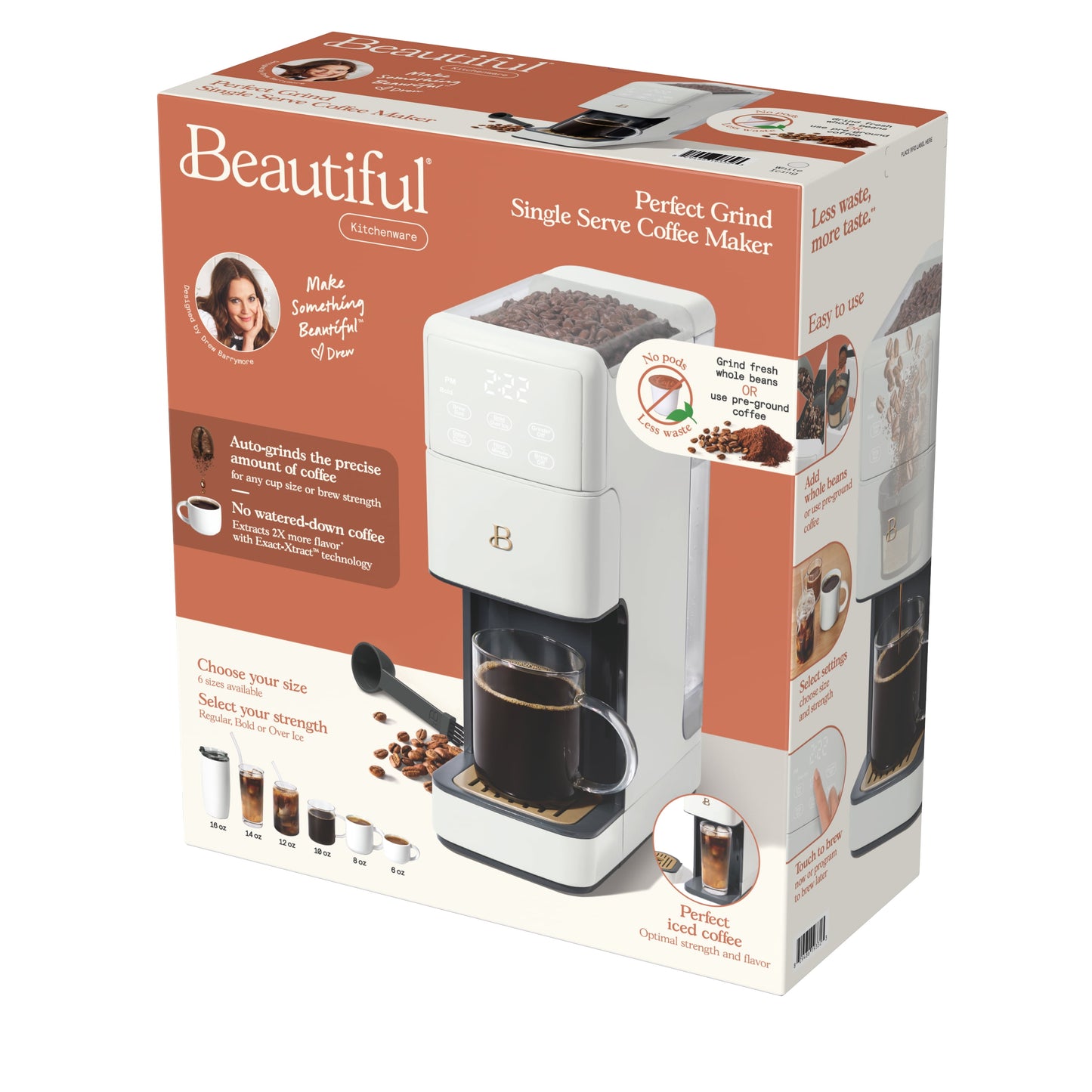 Beautiful Perfect Grind™ single serve coffee maker with built-in grinder in white icing, by Drew Barrymore, ready for brewing.