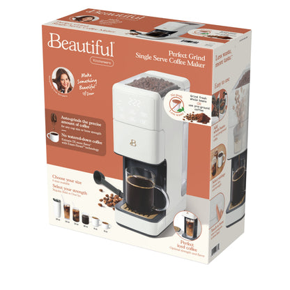 Beautiful Perfect Grind™ single serve coffee maker with built-in grinder in white icing, by Drew Barrymore, ready for brewing.