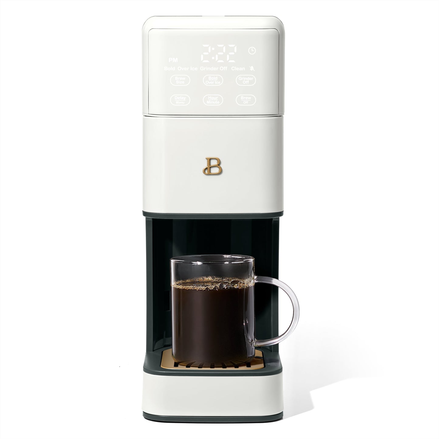 Beautiful Perfect Grind™ Programmable Coffee Maker with built-in grinder in white Icing, featuring a sleek design and digital controls.
