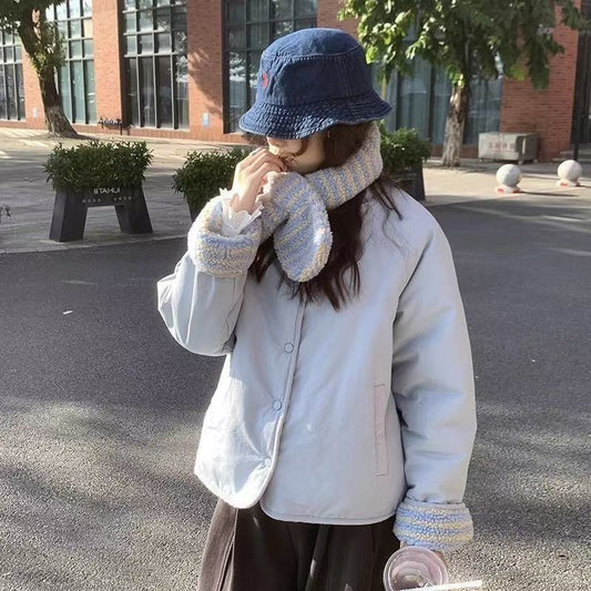 Korean-style scarf-collar cotton-padded coat, warm loose-fitting outerwear in a full-length design
