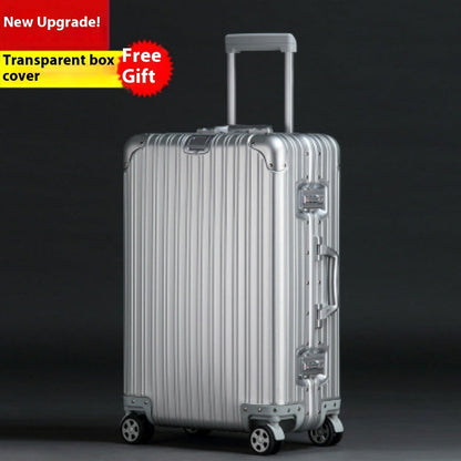 Men's and women's metal travel luggage in a durable hard-shell design