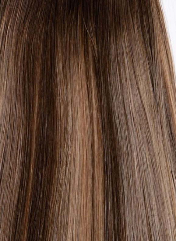 Rachel Paige XO Luxury Signature Weft Collection with beige-toned hair extensions displayed on a model.