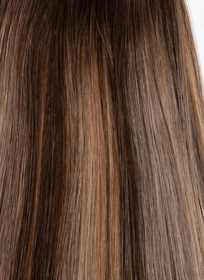 Rachel Paige XO Luxury Signature Weft Collection with beige-toned hair extensions displayed on a model.