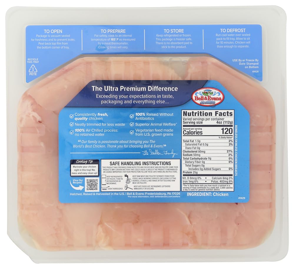Boneless, skinless chicken breasts from Bell & Evans, fresh and raw, ready for cooking or meal preparation.