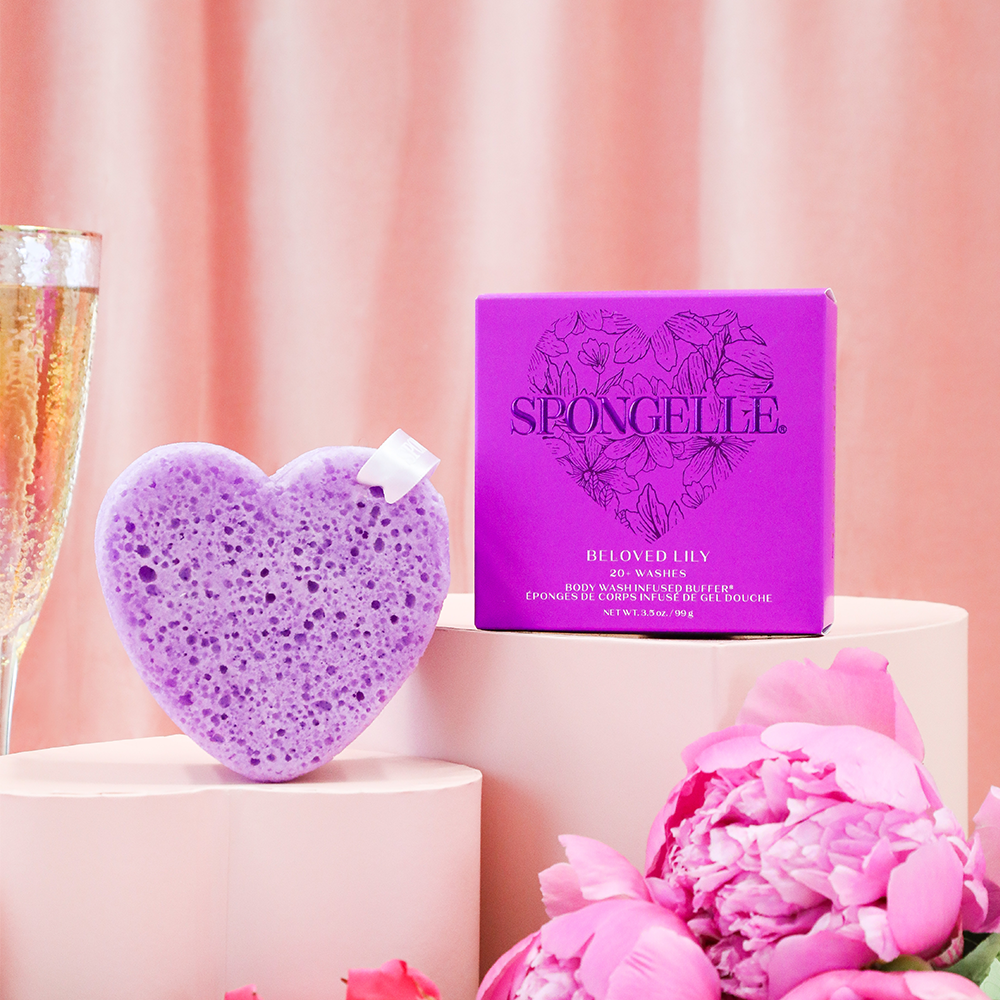 Spongellé Beloved Lily Heart Buffer body wash-infused exfoliating sponge with a floral lily design for luxurious skin cleansing.