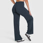 Light grey flared leggings for women by Bendybliss, featuring a straight leg design, wide-leg fit, breathable fabric for yoga or casual wear.