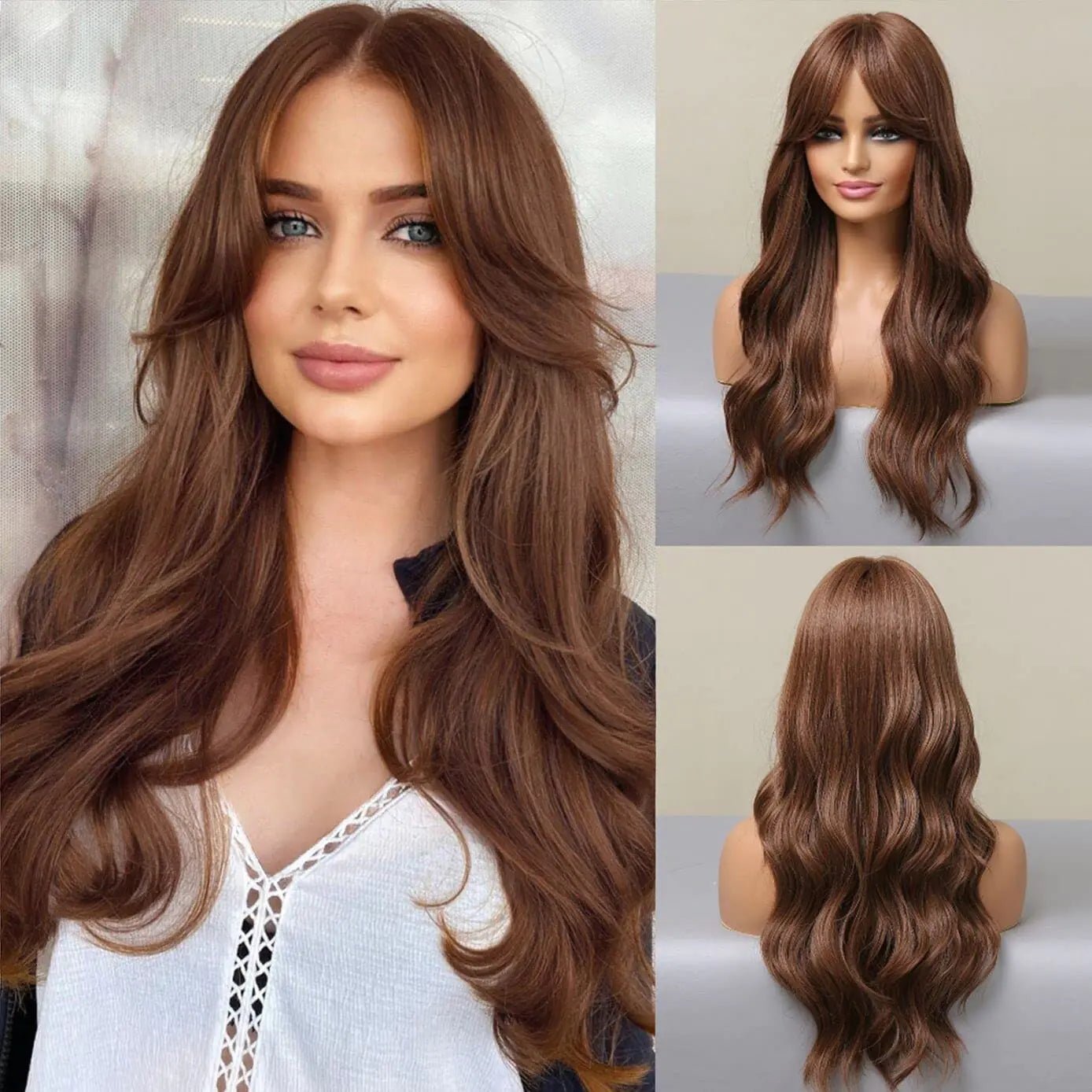 BERON Brown Wigs Long Wavy Women Wigs with Bangs Light Brown Curly Heat Resistant Synthetic Wigs for Daily Wigs Wig Cap Included - BACKUPMYFILESNOW