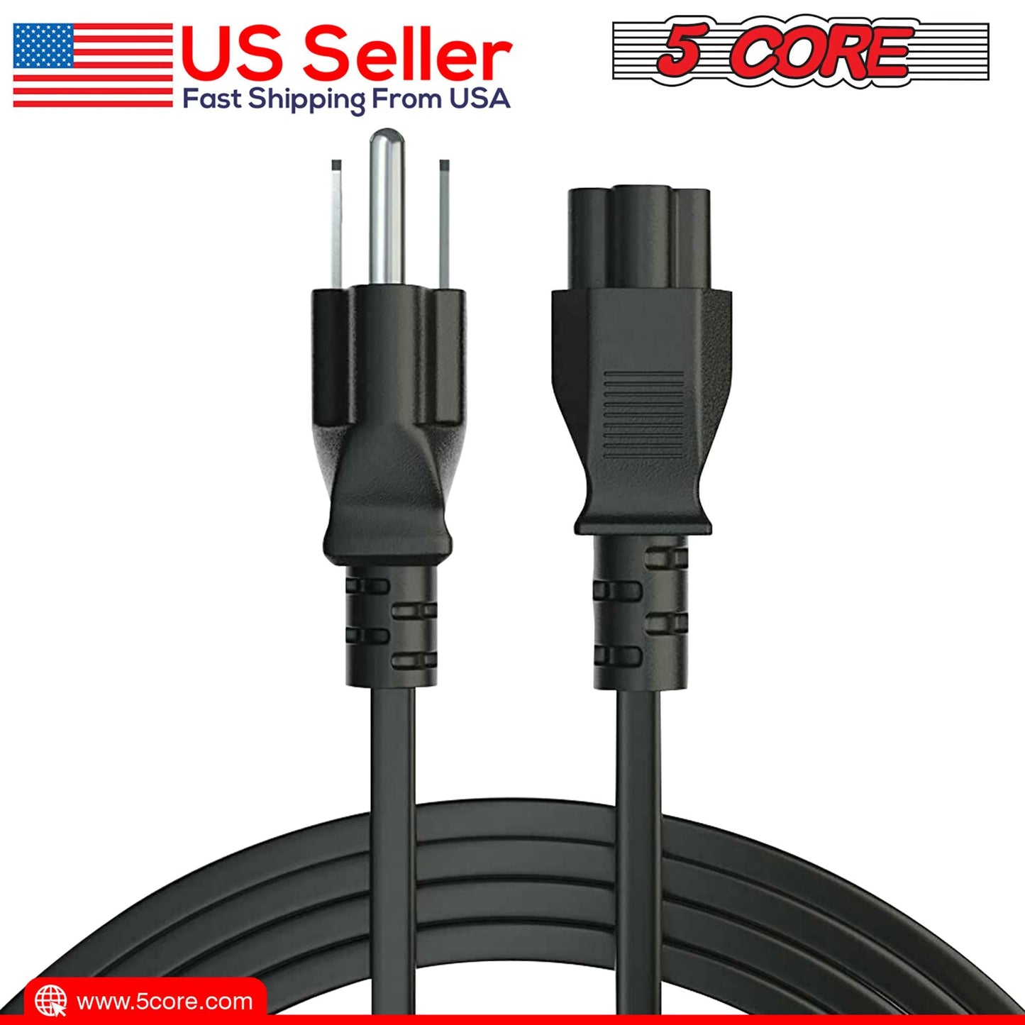 Berry Charmz 12ft 3-prong non-polarized AC power cable for HP, Dell, Samsung, Sony, Asus, Acer, Toshiba laptops and monitors.