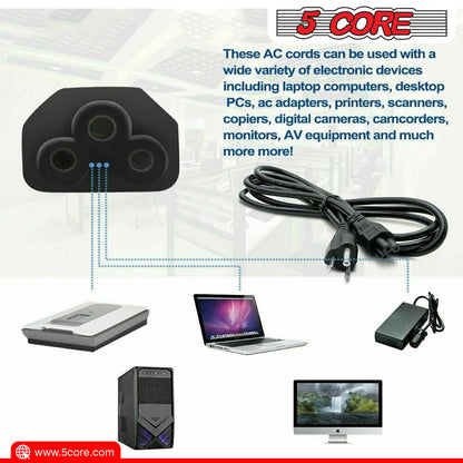 12ft Berry Charmz non-polarized 3-prong AC power cable for HP, Dell, Samsung, Sony, Asus, Acer, Toshiba laptops and monitors.