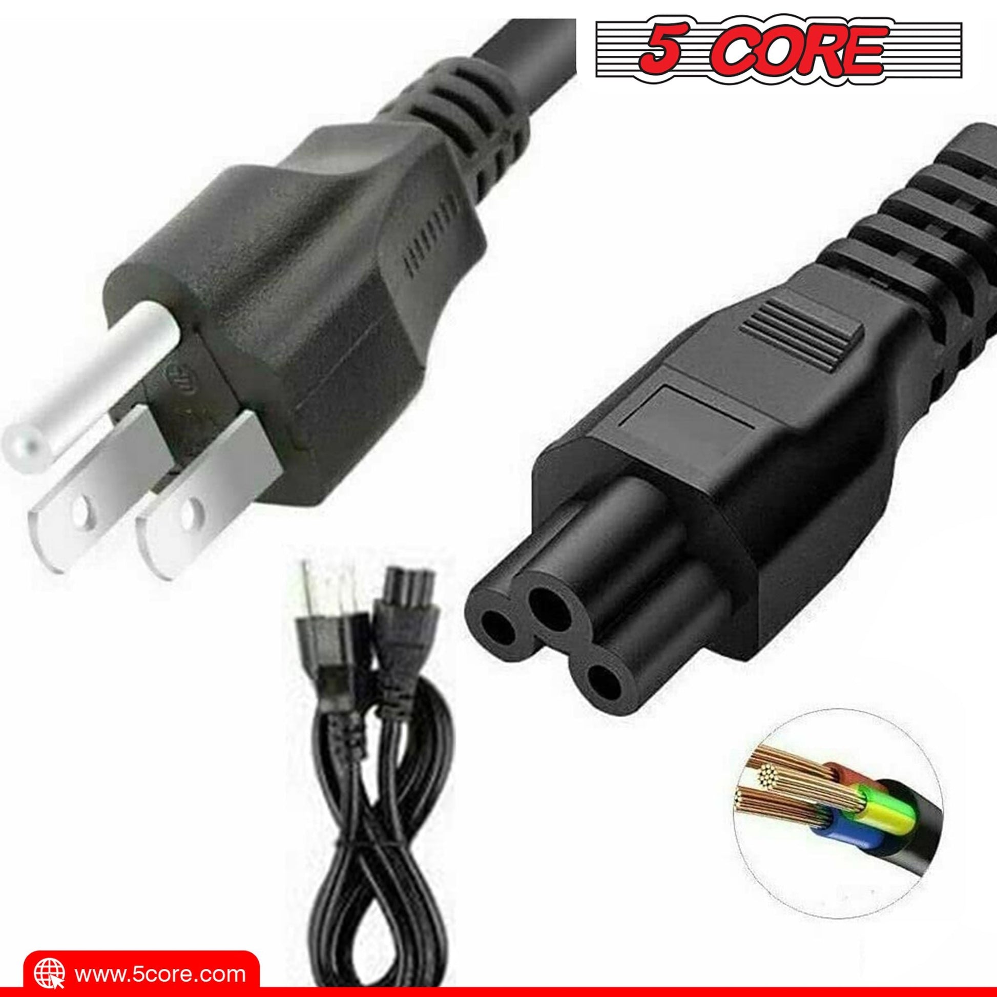 Berry Charmz 12ft 3-prong non-polarized AC power cable for HP, Dell, Samsung, Sony, Asus, Acer, Toshiba laptops and monitors.