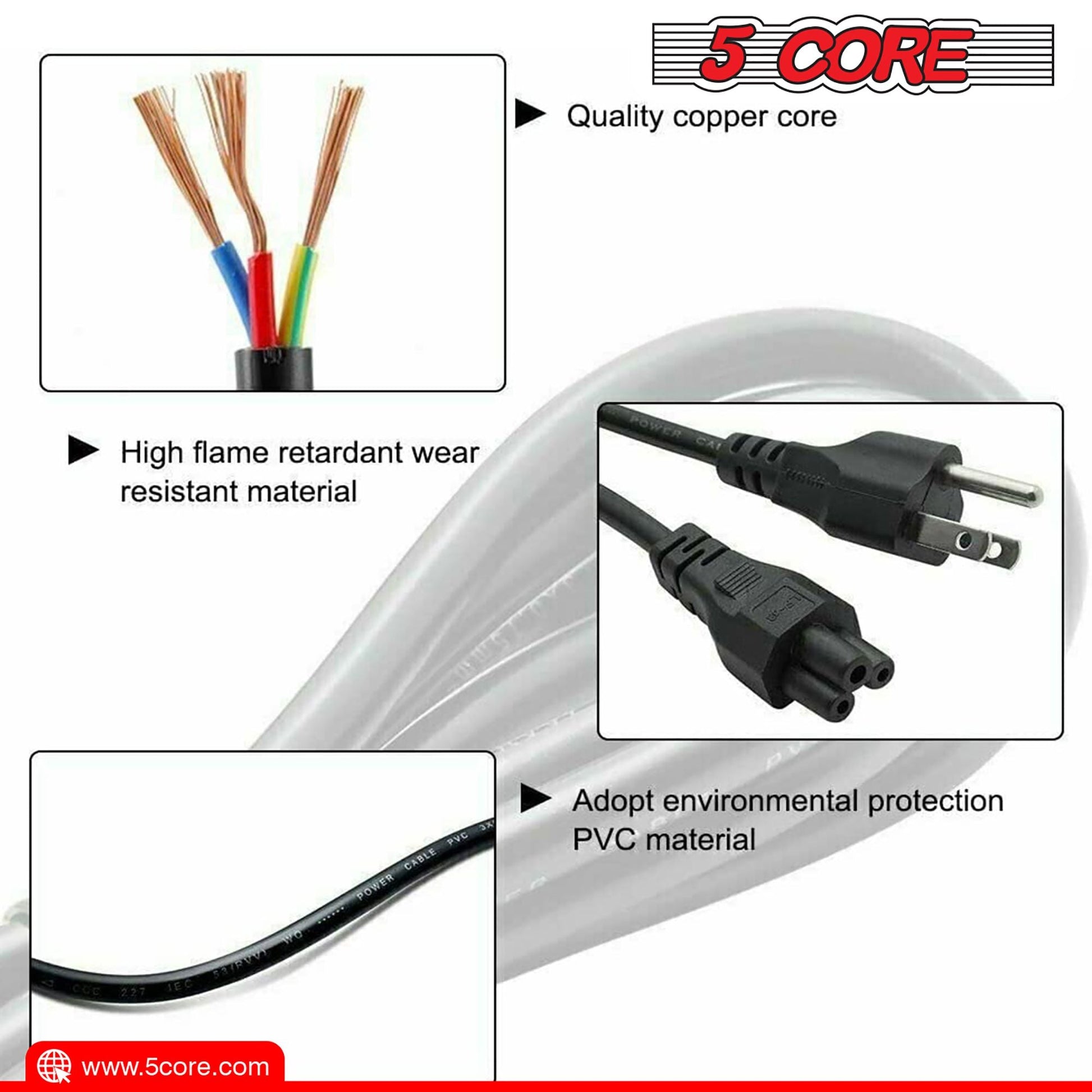 Berry Charmz 12ft 3-prong non-polarized AC power cable for HP, Dell, Samsung, Sony, Asus, Acer, Toshiba laptops and monitors.