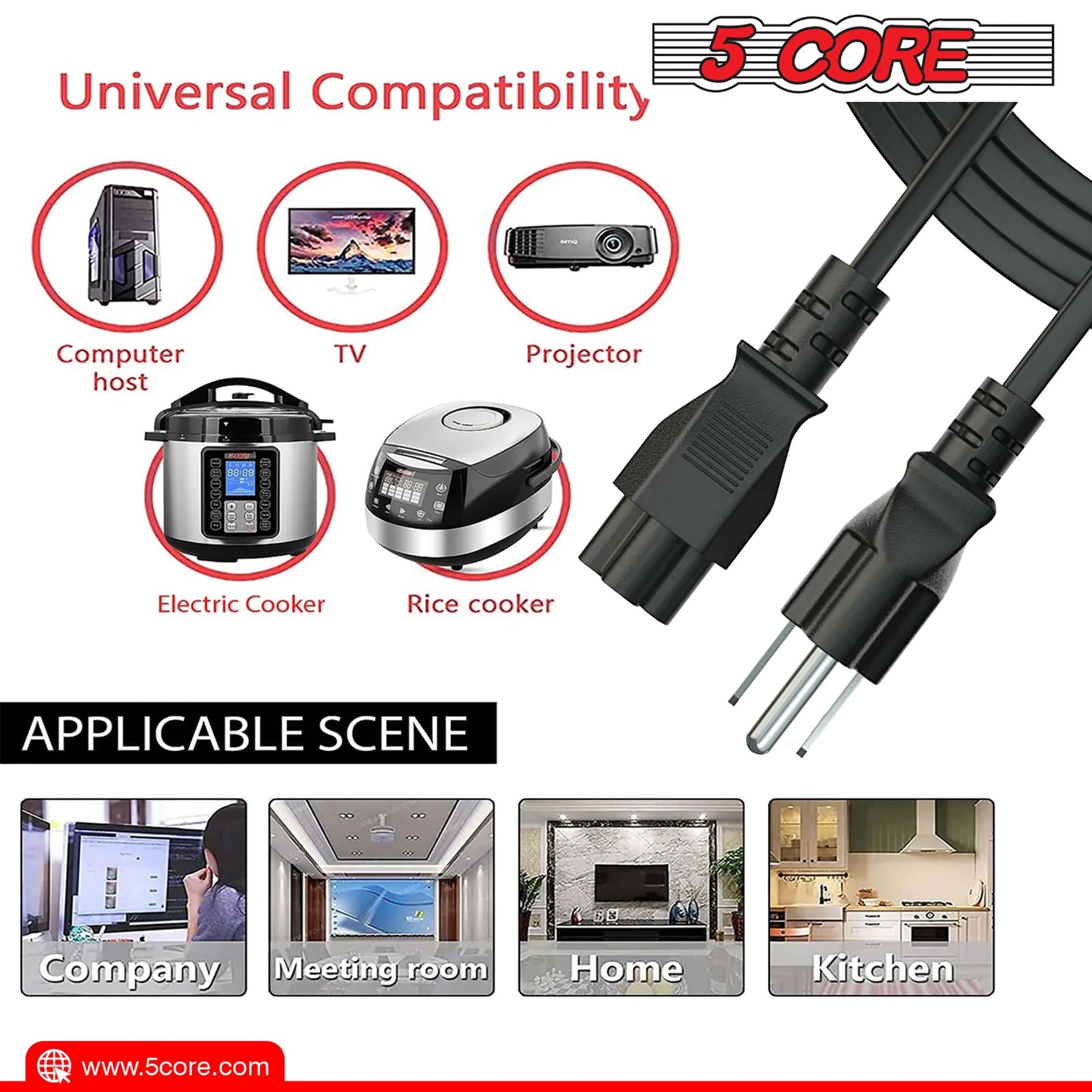 Berry Charmz 12ft 3-prong non-polarized AC power cable for HP, Dell, Samsung, Sony, Asus, Acer, Toshiba laptops and monitors.