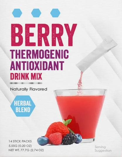 AmBari Nutrition Thermogenic Meta Booster drink box with berry flavor, featuring vibrant packaging and fresh berry illustrations.