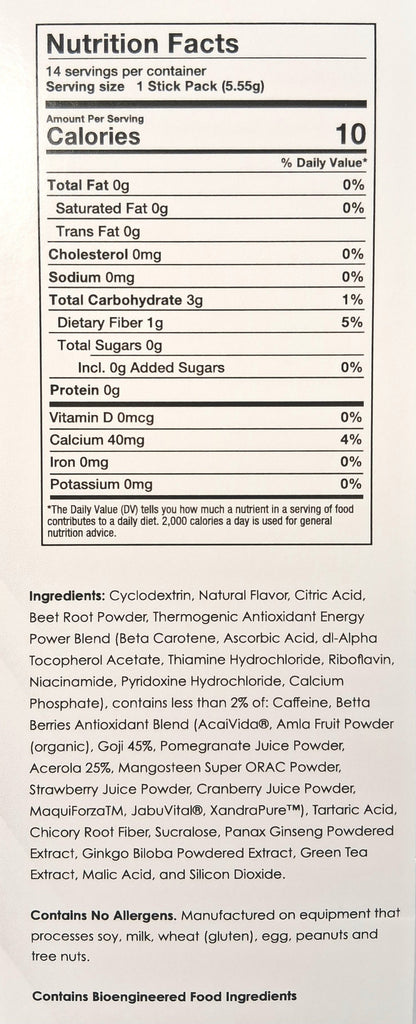 AmBari Nutrition Thermogenic Meta Booster drink in Berry flavor, with ingredients and nutritional facts displayed.