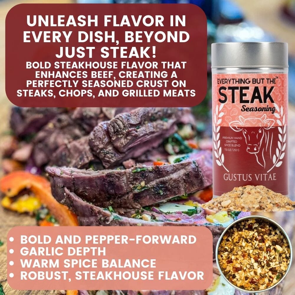 Set of 6 XL tins of Gustus Vitae steak and beef seasonings in a gift collection, showcasing flavorful spice blends.