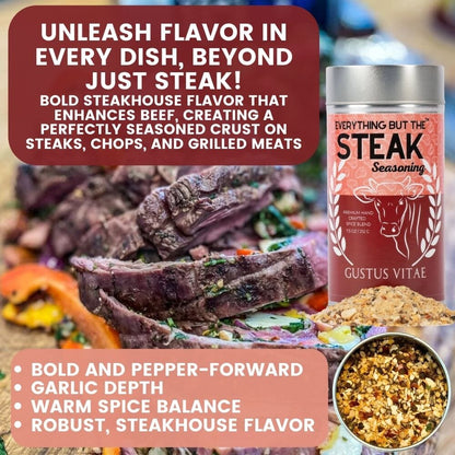 Set of 6 XL tins of Gustus Vitae steak and beef seasonings in a gift collection, showcasing flavorful spice blends.