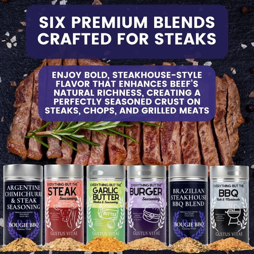 Set of 6 XL Gustus Vitae steak and beef seasoning tins in a gift set, featuring various flavorful spice blends for grilling.