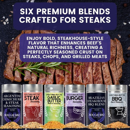 Set of 6 XL Gustus Vitae steak and beef seasoning tins in a gift set, featuring various flavorful spice blends for grilling.