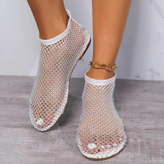 Round-toe hollowed-out rhinestone-embellished ankle boots with sandal-style design
