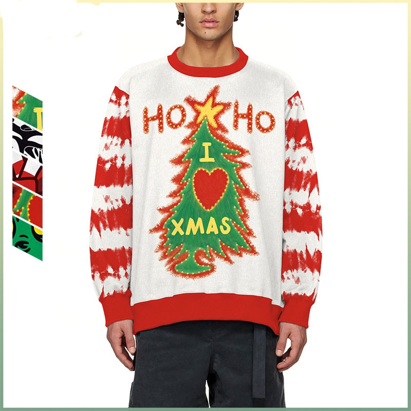 Men's Christmas tree striped digital print couple sweater in festive colors