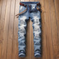 Gent's classic fit jeans from BACKUPMYFILESNOW® hanging on a rack, showing denim fabric and front pockets.