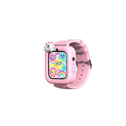 Multilingual multifunctional child watch with photo and video capabilities, displayed in black and blue.