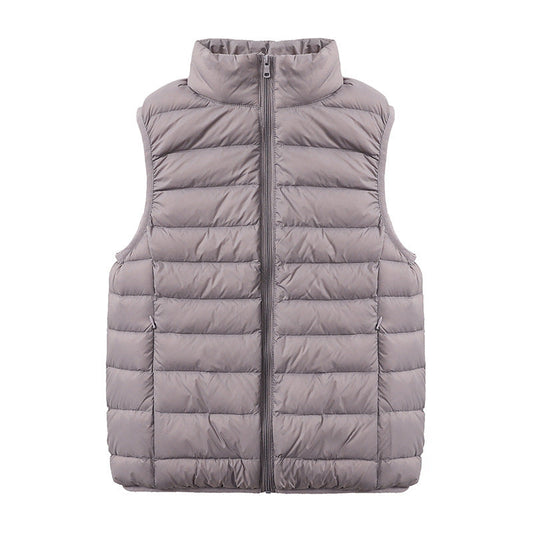 Women's thin-style down vest with two-way zipper, short length, and 90% white duck down filling