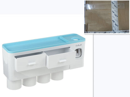 Hanging magnetic toothbrush holder with single drawer, toothpaste squeezer, and non-marking adhesive rack set