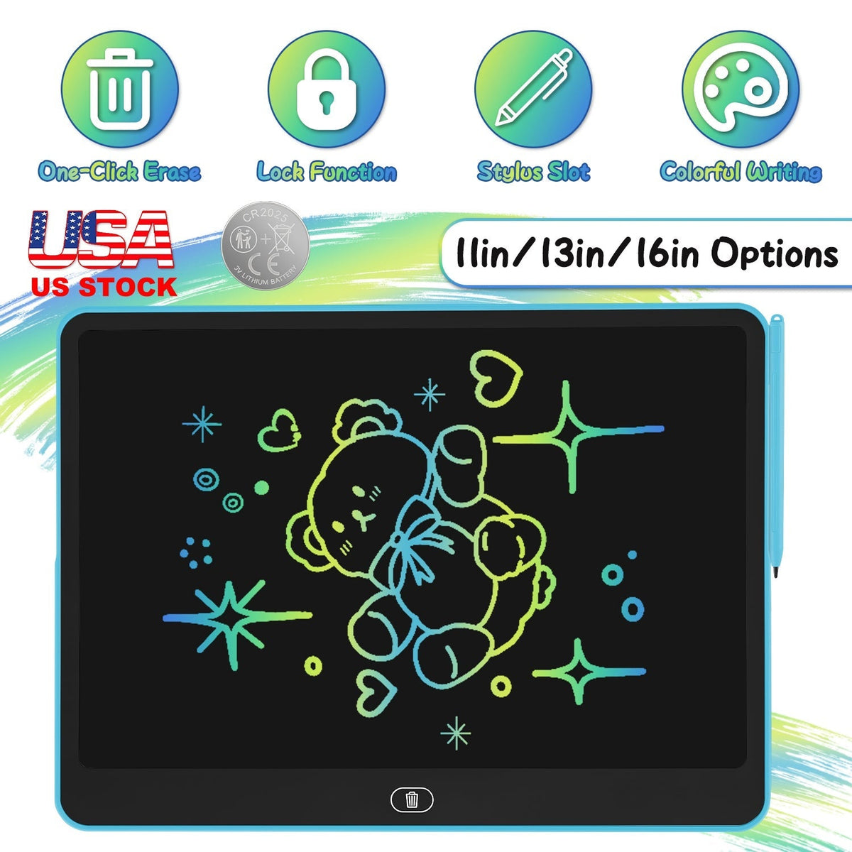GBruno Store LCD writing tablet for kids with stylus and lock function, showing the colorful screen and stylus pen.