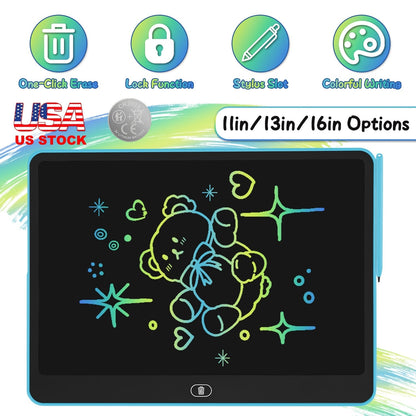 GBruno Store LCD writing tablet for kids with stylus and lock function, showing the colorful screen and stylus pen.