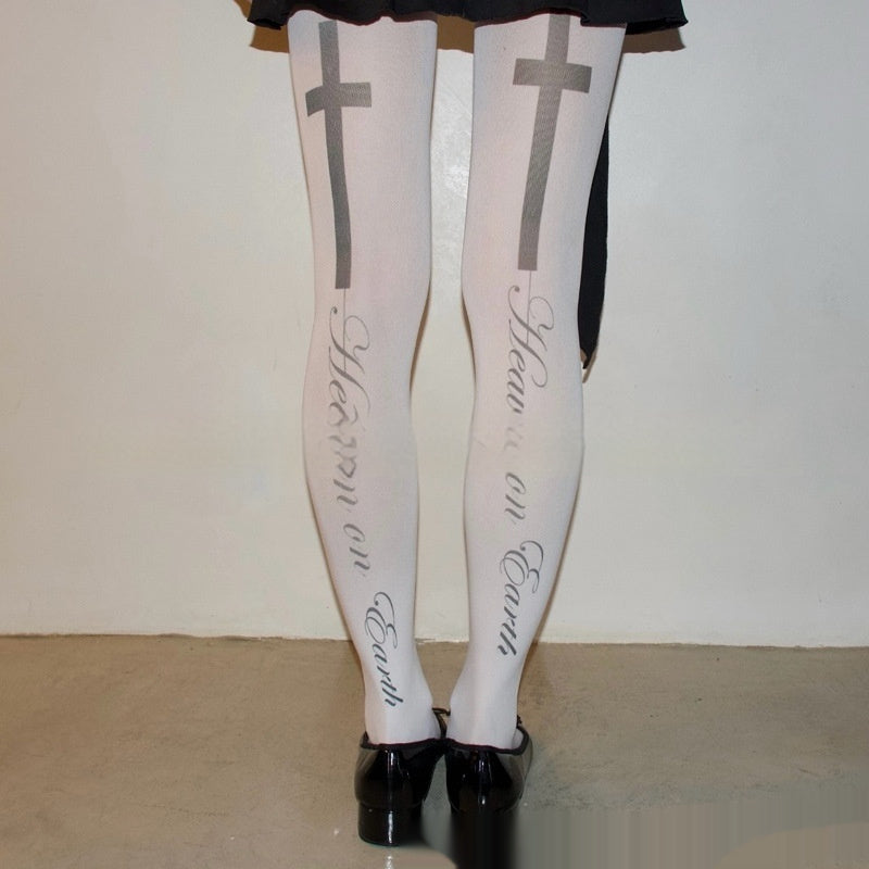 Women’s Japanese-style letter-printed tights, black stretch fabric with bold white lettering by My Store