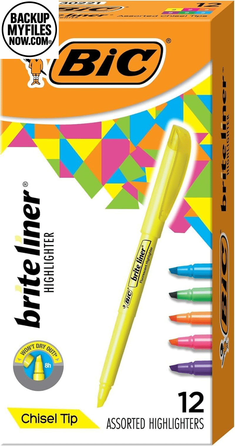 BIC Brite Liner Highlighters, Chisel Tip, 12 - Count Pack of Highlighters Assorted Colors, Ideal Highlighter Set for Organizing and Coloring - BACKUPMYFILESNOW.COM®