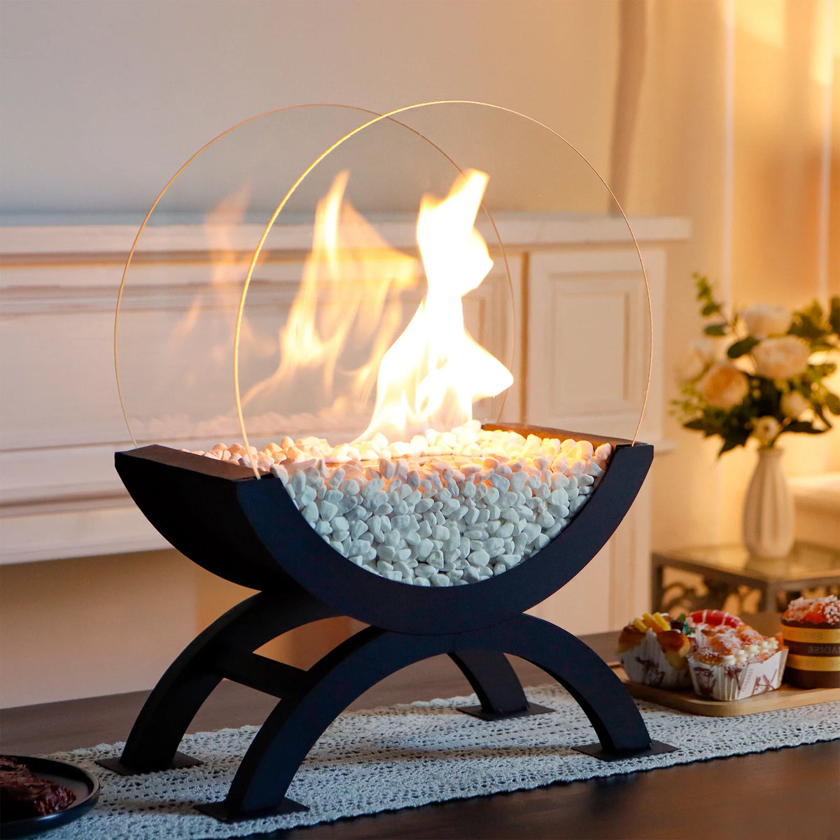 Portable 48cm round tabletop fireplace by JHY DESIGN, gel and ethanol fireplace with a sleek design and burning gel or ethanol fuel.