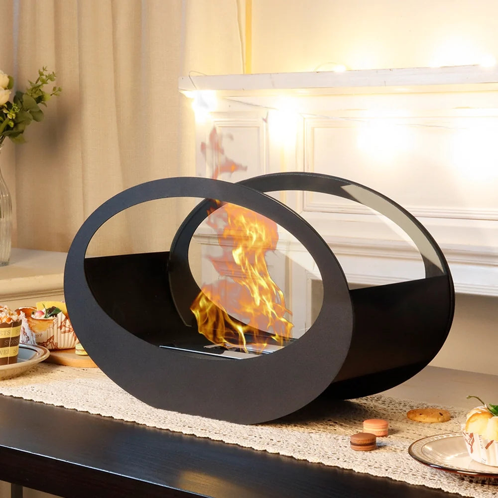 JHY DESIGN black metal tabletop fireplace with gel and ethanol burns, 16x9.5 inches, modern design for indoor ambiance.