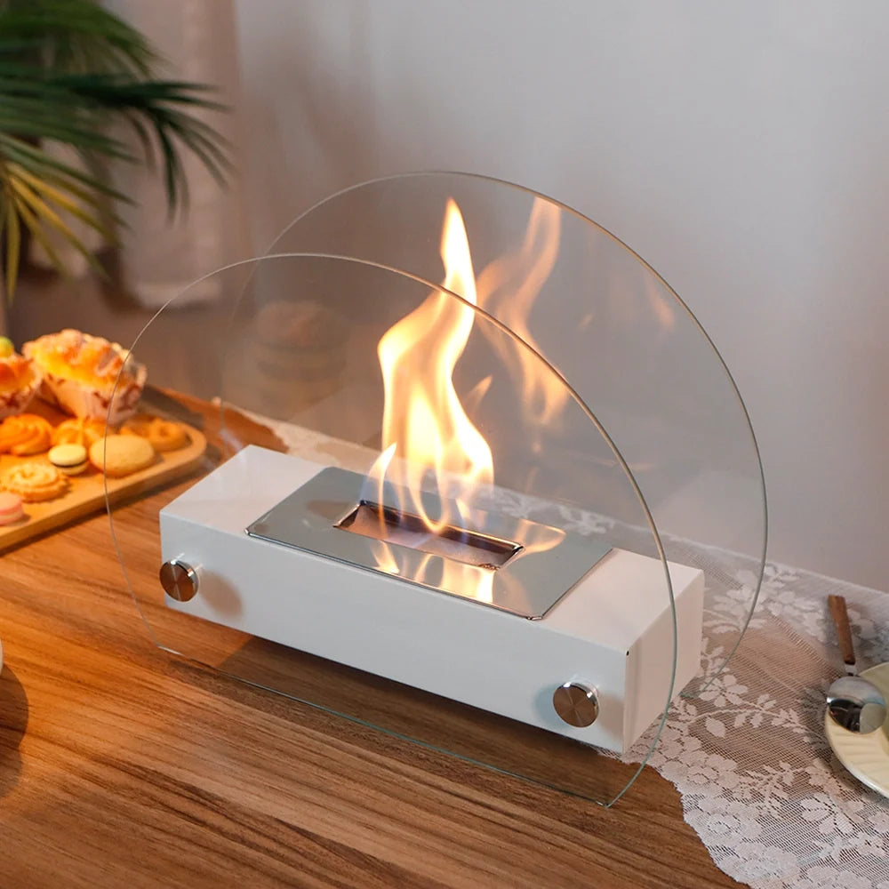 White 13.5-inch portable tabletop fireplace by JHY DESIGN, featuring gel and ethanol fire options with a sleek modern design.