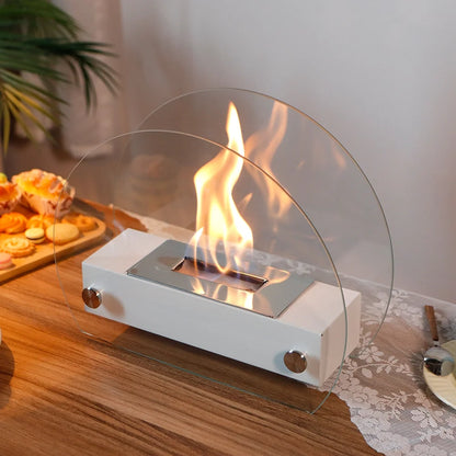 White 13.5-inch portable tabletop fireplace by JHY DESIGN, featuring gel and ethanol fire options with a sleek modern design.