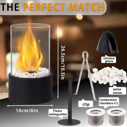 Black 10.5-inch portable tabletop round fireplace by JHY DESIGN, designed for gel and ethanol fuel, with a sleek modern look.
