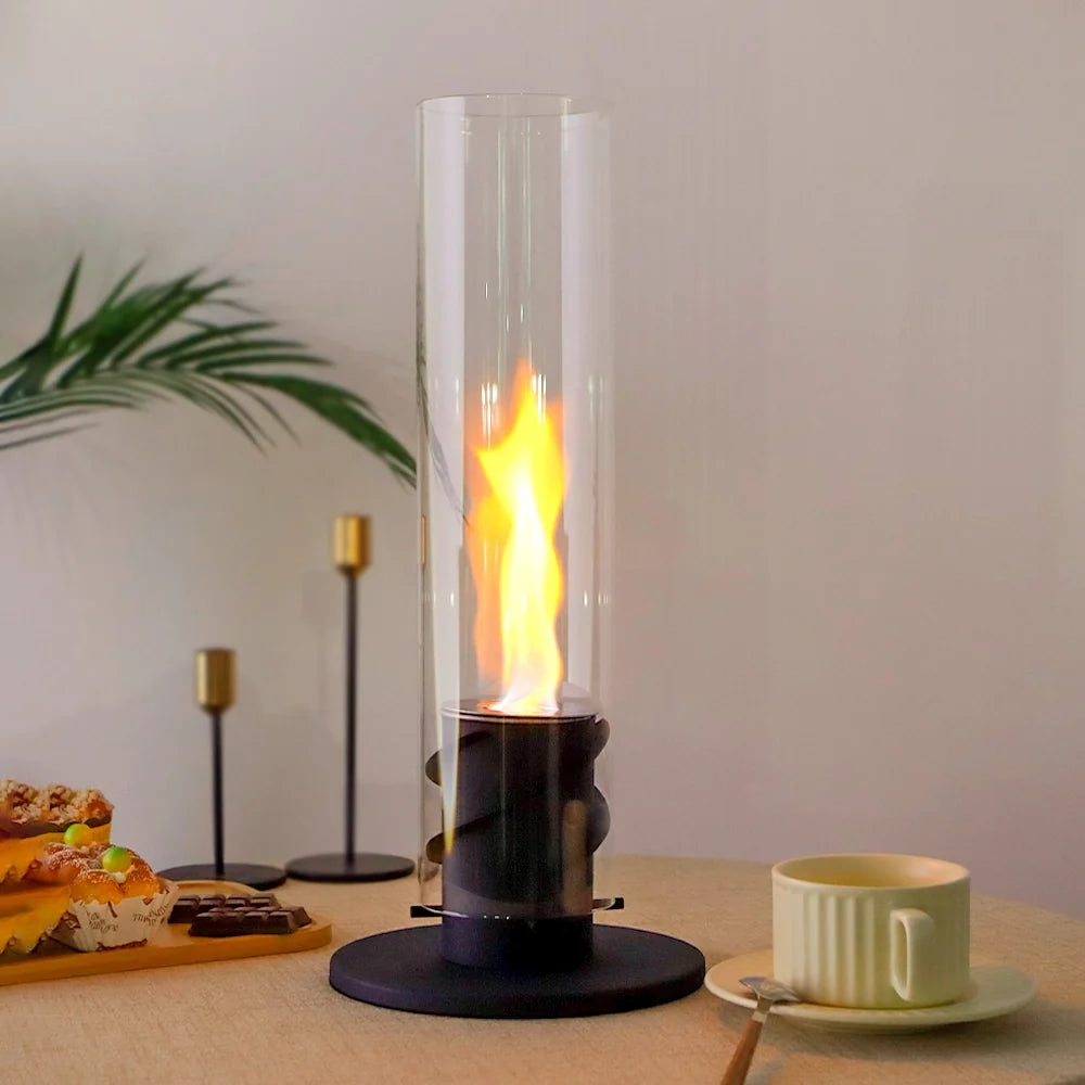 Close-up of a 17-inch tall JHY DESIGN bio ethanol ventless fireplace with a clean-burning ethanol flame in a modern home setting.