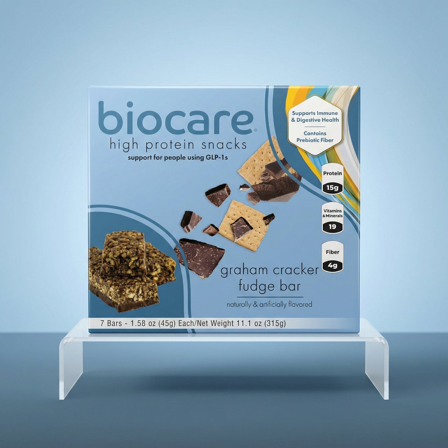 Biocare 15G Protein Graham Cracker Fudge Bar showing the chocolate-coated fudge bar with graham cracker pieces inside.
