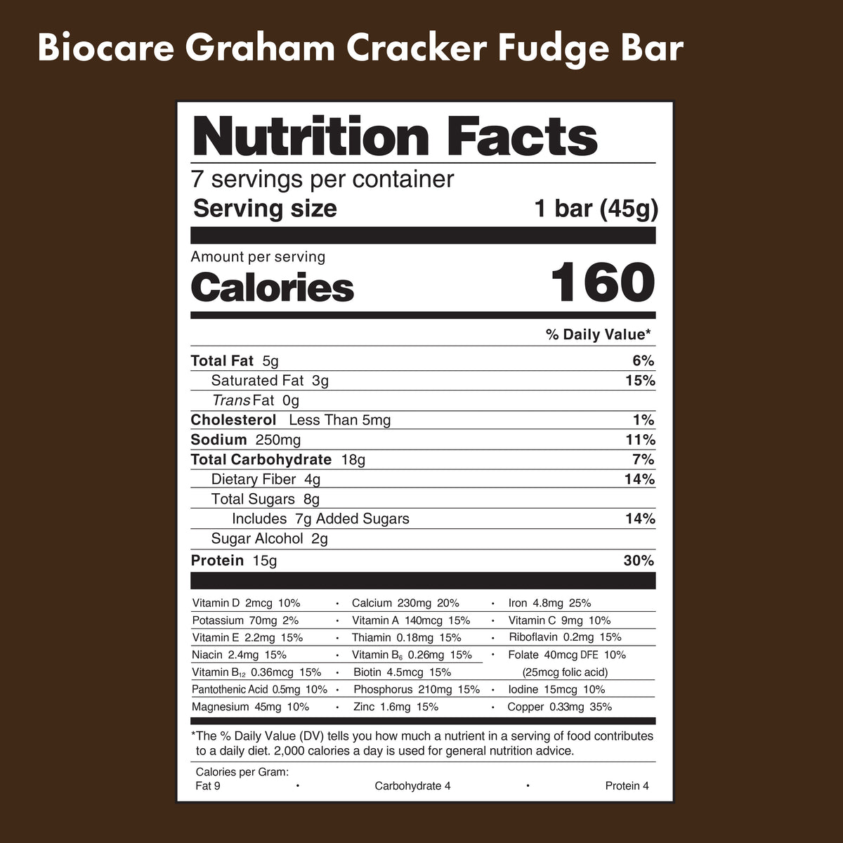 Biocare 15G Protein Graham Cracker Fudge Bar showing a chocolate-coated protein snack with graham cracker pieces on top.