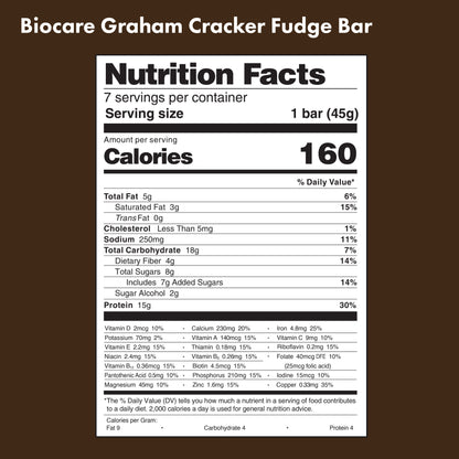 Biocare 15G Protein Graham Cracker Fudge Bar showing a chocolate-coated protein snack with graham cracker pieces on top.