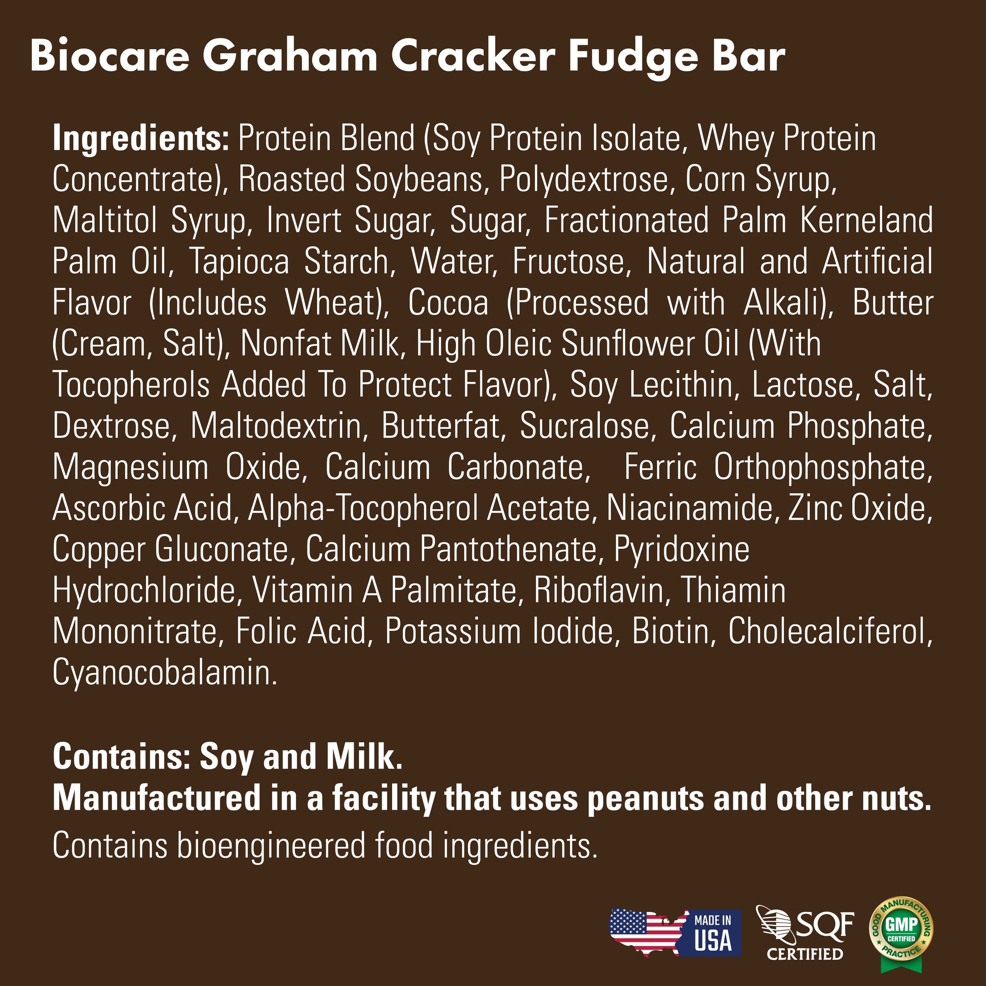 Biocare 15G Protein Graham Cracker Fudge Bar showing a chocolate-covered snack with graham cracker pieces on top.