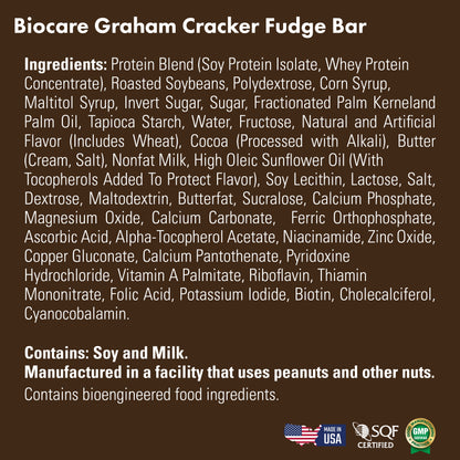 Biocare 15G Protein Graham Cracker Fudge Bar showing a chocolate-covered snack with graham cracker pieces on top.
