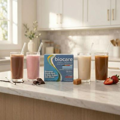 Assorted 30g protein beverage variety pack with seven Biocare drinks in colorful bottles on a white background.