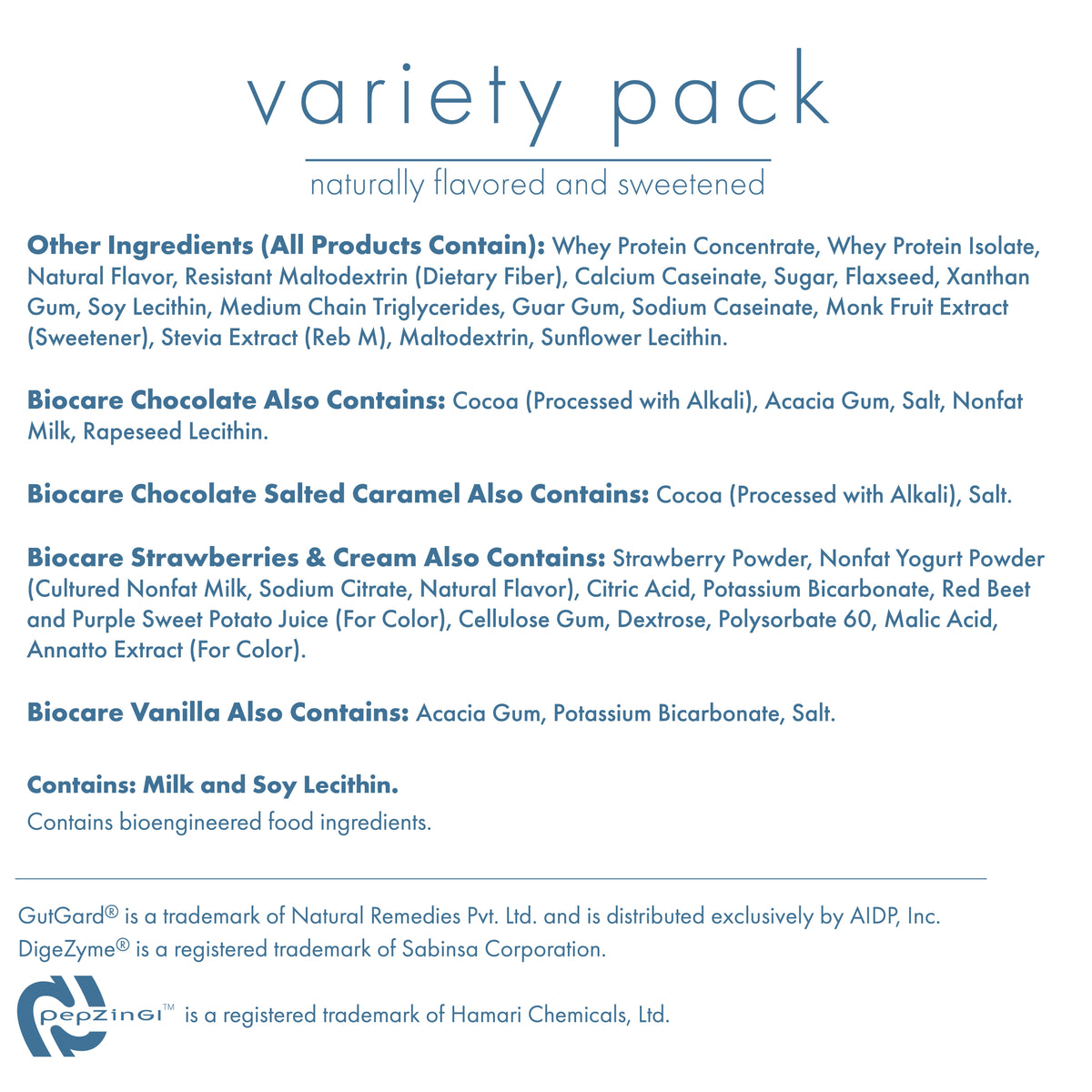 Assorted Biocare 30g protein beverage variety pack with seven different shakes in colorful bottles on a white background.